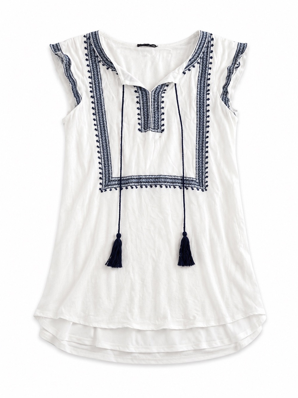 THML White Tunic Dress with Navy Embroidery and Tassels